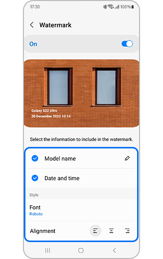 View of customizable options for watermark including model name, date and time as well as style options including choice of font and text alignment.
